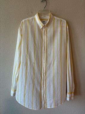 Zara‎ Men Lightweight 100% Cotton Yellow White Stripe Button Down XL Relaxed Fit
